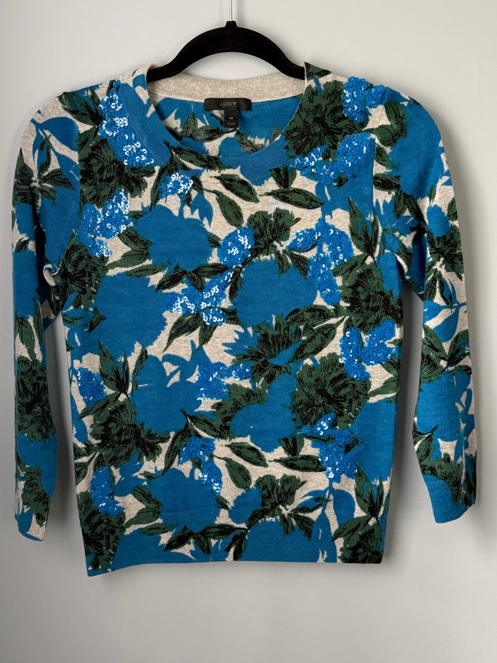 J. Crew Tippi Vibrant Azure Blue Floral Crewneck Merino Wool Sequin Sweater